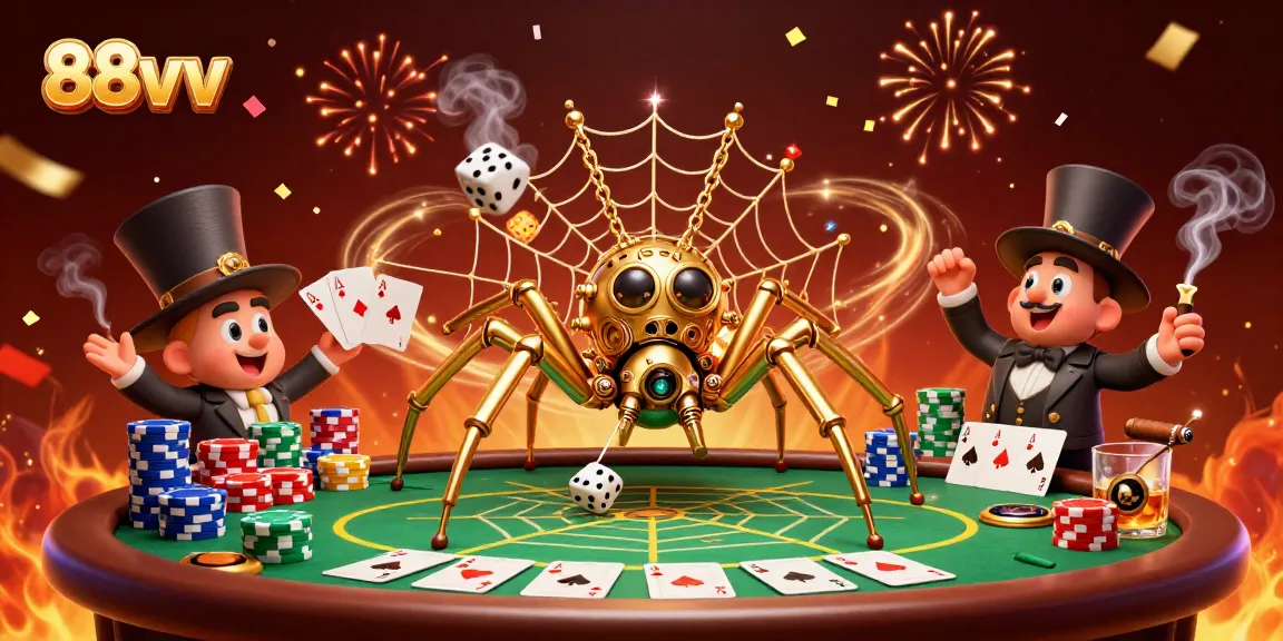 Engage with 88vv as a golden spider weaves a web of chance in this captivating casino scene.