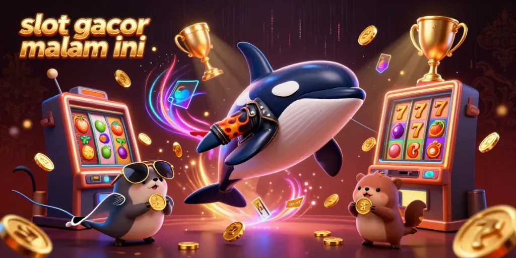 Slot gacor malam ini: Ikan orca mengemudikan suasana kasino dengan simbol keberuntungan dan koin emas.