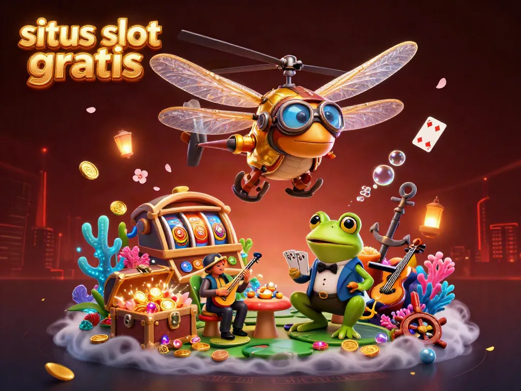 Experience excitement at situs slot gratis with a 3D pilot, frog dealer, and jazz musicians in a vibrant casino scene.