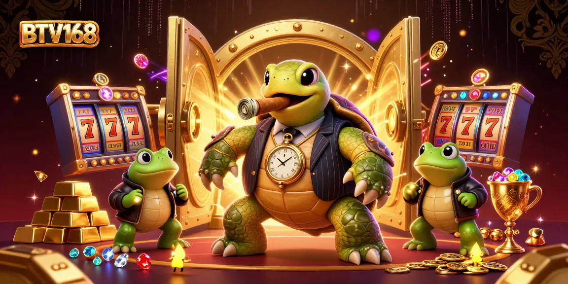 BTV168 reveals a vibrant casino scene with a snapping turtle and bullfrogs, showcasing dynamic slot action.