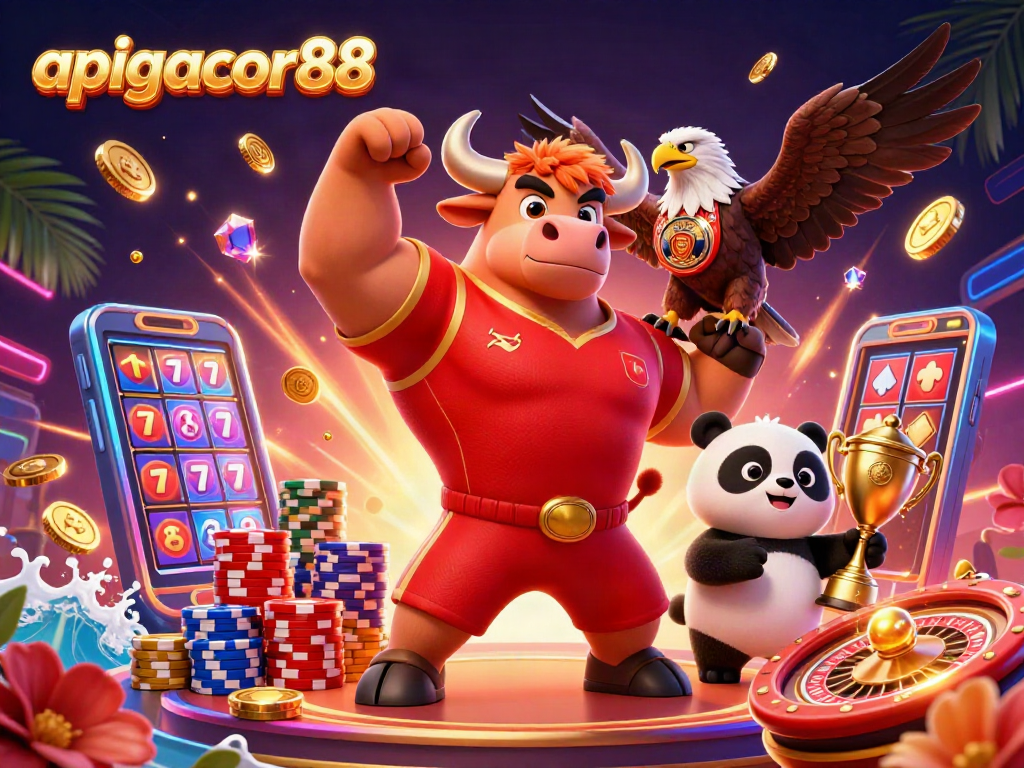 Experience the excitement of apigacor88 with a dynamic 3D casino illustration of a bull mascot and friends celebrating winnings.