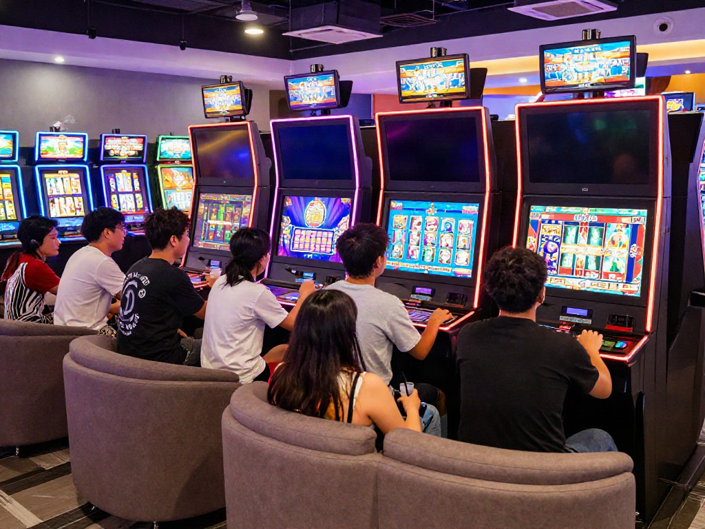 Engaged players enjoying PG SOFT slot thailand games in a vibrant casino lounge.
