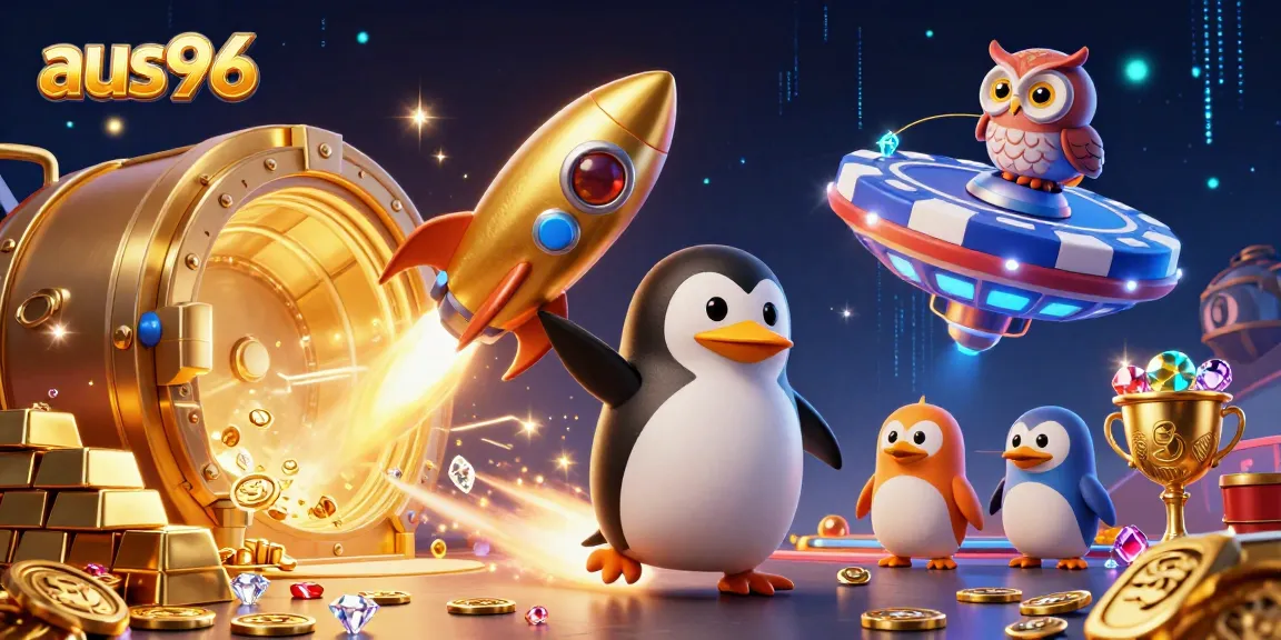 Experience thrilling games at aus96 casino with a golden penguin and poker chip station illustration.