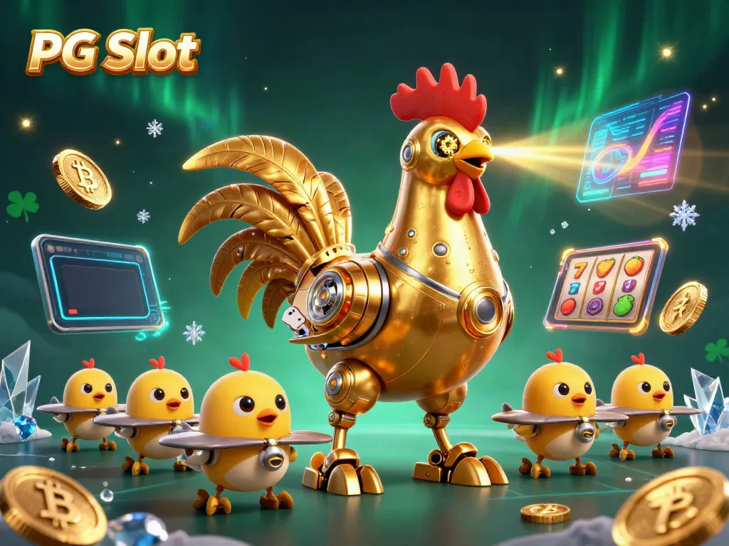 Permainan PG Slot dengan robot ayam emas 3D dan simbol slot yang berkilau.