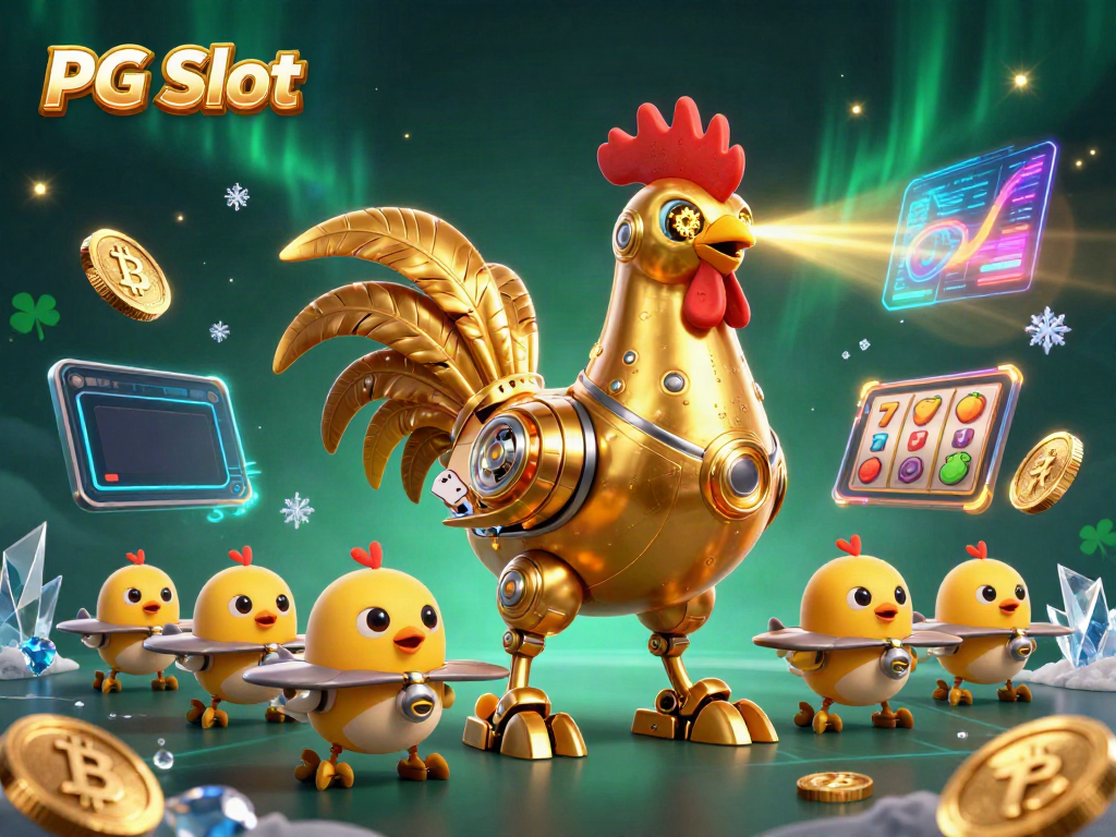 Permainan PG Slot dengan robot ayam emas 3D dan simbol slot yang berkilau.