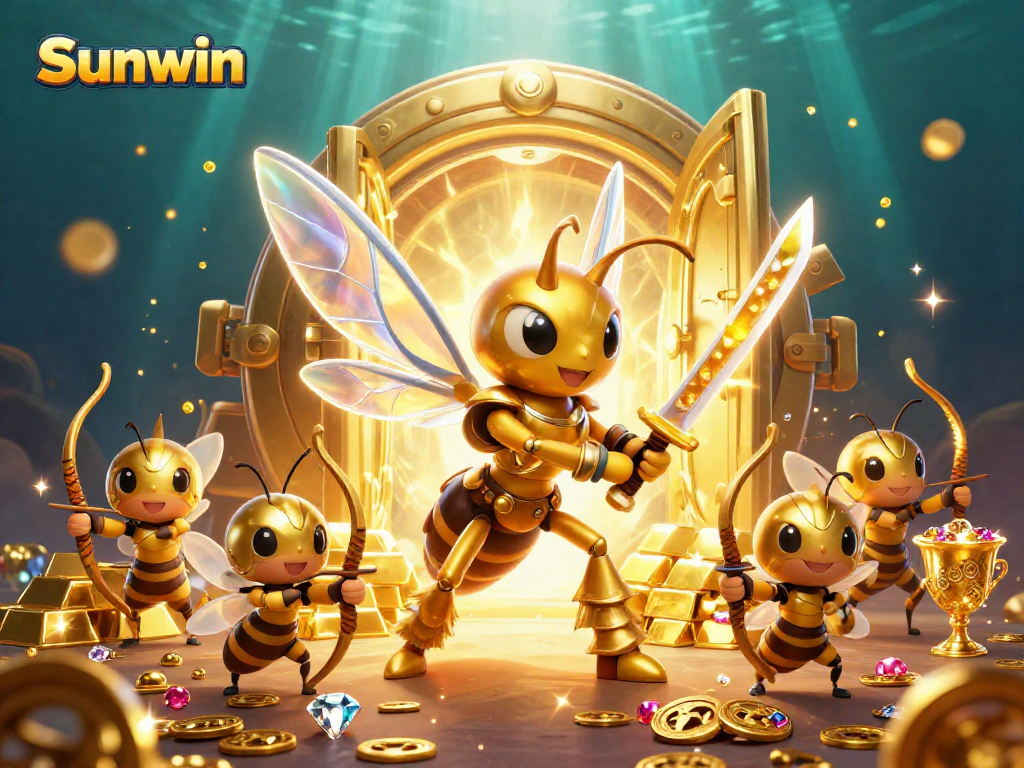 Play exciting games at Sunwin with a colorful casino illustration featuring vibrant characters and treasures.
