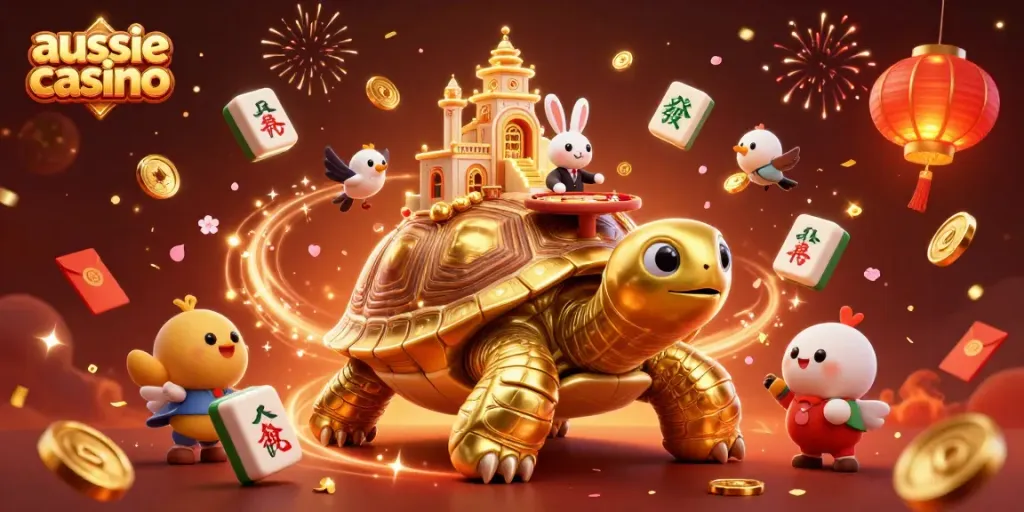 Experience the thrill of aussie casino gaming with vibrant characters, floating game elements, and celebratory effects.