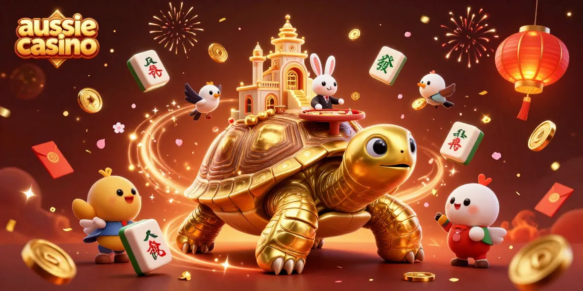 Experience the thrill of aussie casino gaming with vibrant characters, floating game elements, and celebratory effects.
