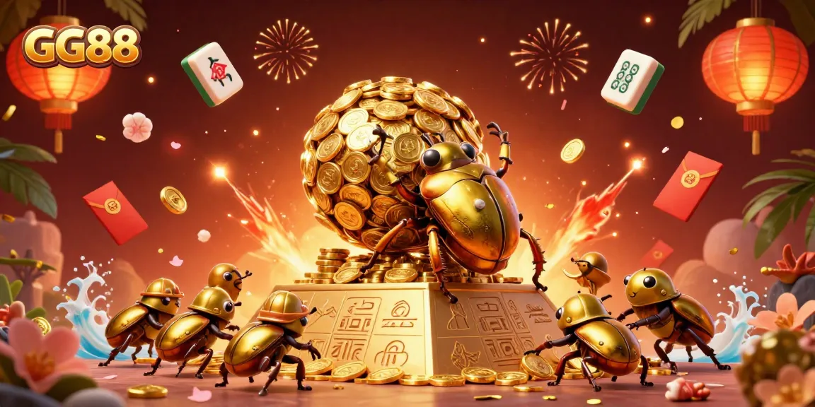 Experience the excitement of GG88 as a golden dung beetle rolls coins to victory in a vibrant casino scene.