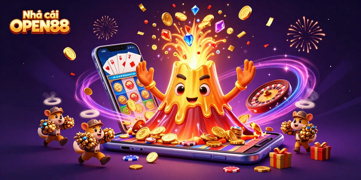 Engage with Nhà cái OPEN88 featuring a vibrant casino scene with treasures, slot games, and festive effects.
