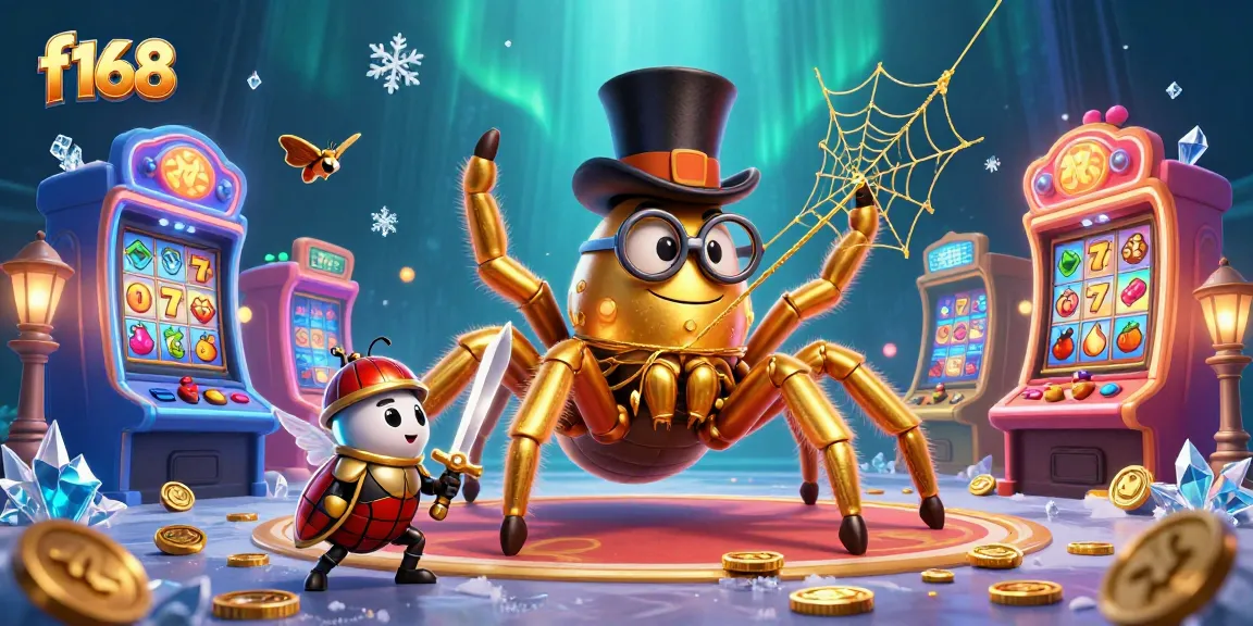 f168 captivates gamblers with a golden tarantula weaving its web among vibrant slot machines.
