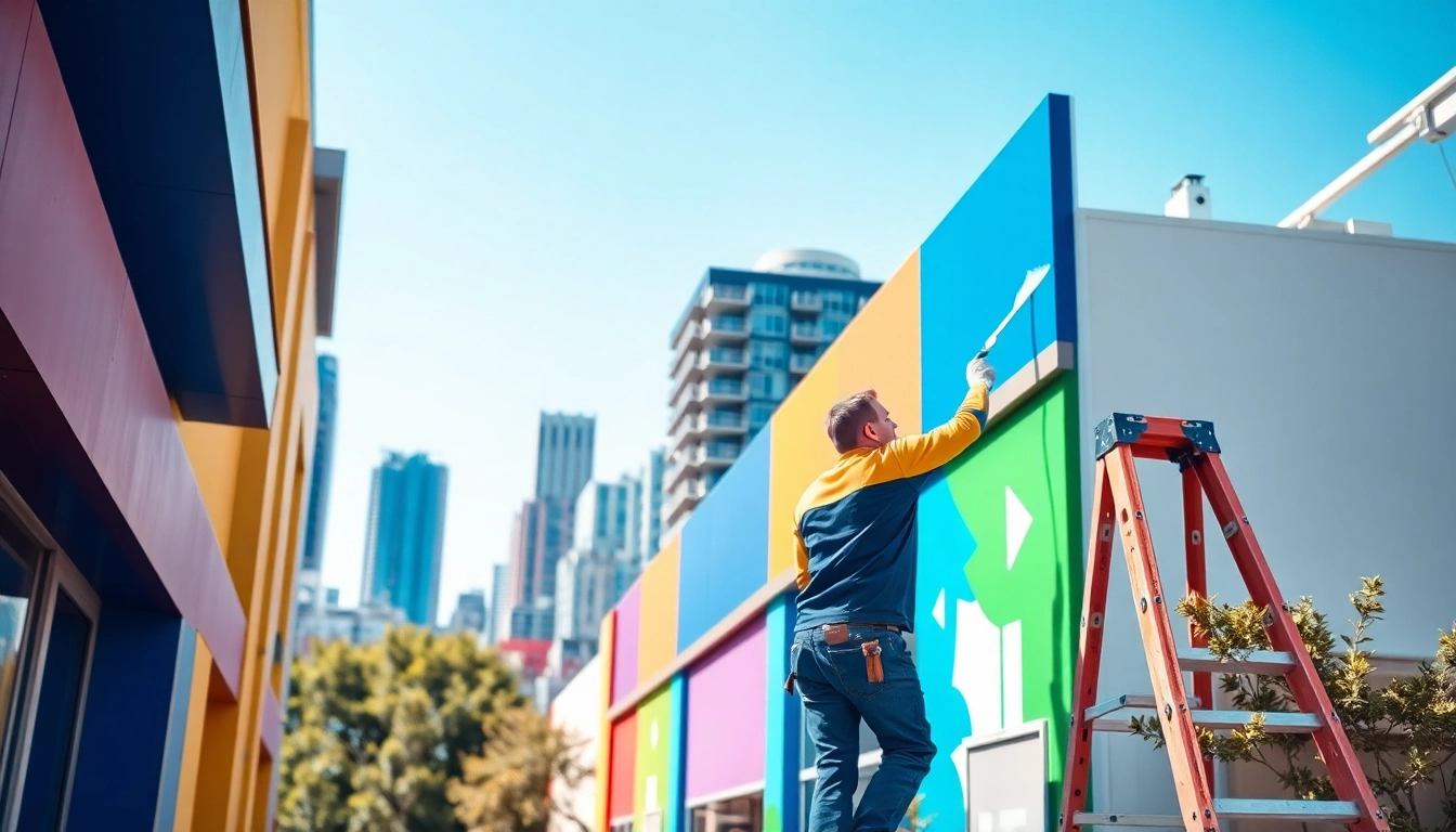Painting commercial building with vibrant colors captures professional painter at work.