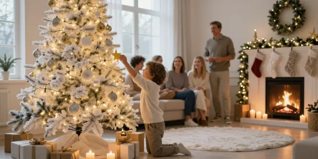 White tree xmas beautifully decorated in a cozy living room during the holidays.