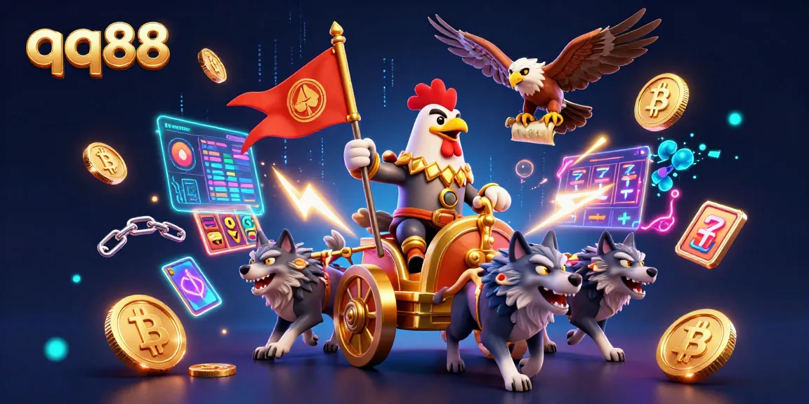 Experience thrilling gaming with qq88's vibrant casino action featuring animated characters and crypto elements.