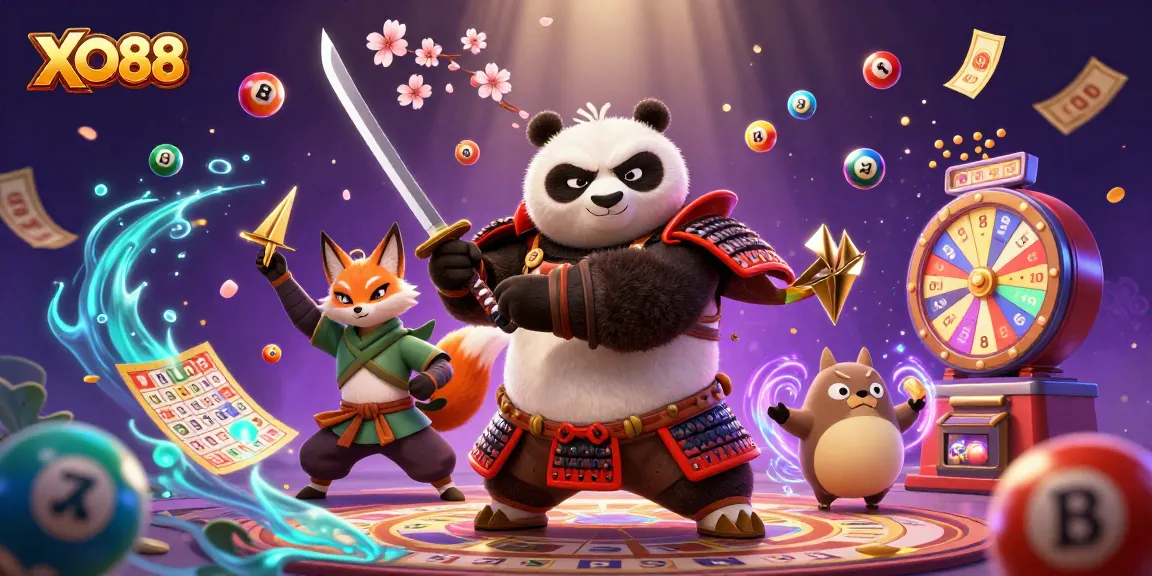 Engage with the exciting XO88 gaming experience featuring a samurai panda and dynamic lottery elements.