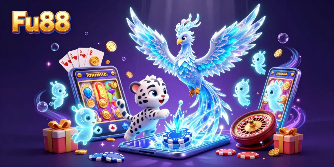 Engage in thrilling gaming at Fu88 with a playful ice phoenix and poker chip amidst vibrant casino elements.