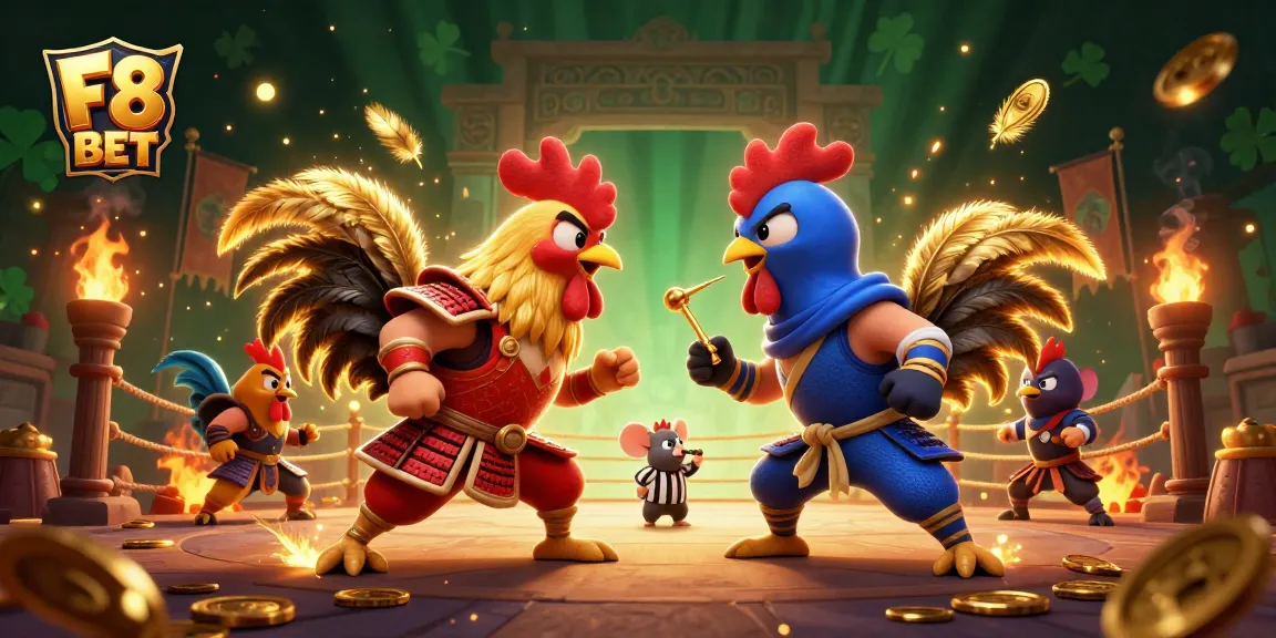 Experience thrilling action at F8 BET with epic roosters in combat, radiating gold and flames.