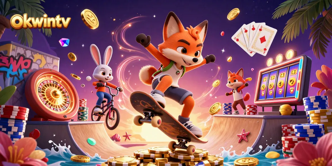 Engage with the thrilling world of okwintv as a skateboarder fox performs tricks over golden poker chips amidst dazzling casino elements.