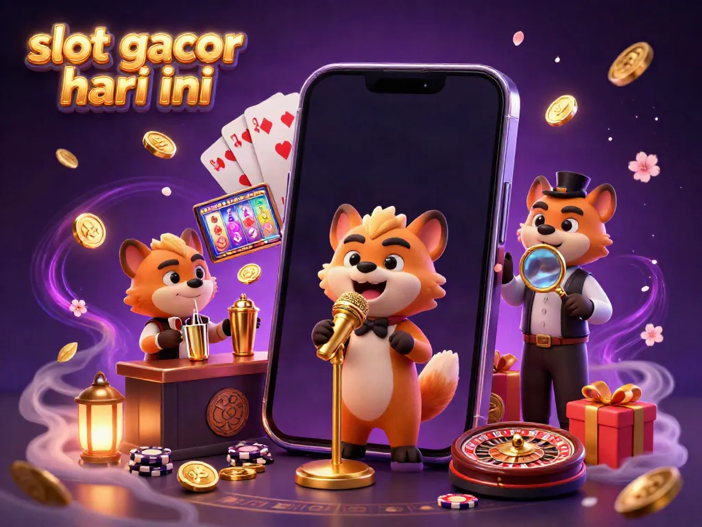 Ilustrasi kasino lucu dengan hyena menghibur dan slot gacor hari ini yang dikelilingi oleh elemen judi.