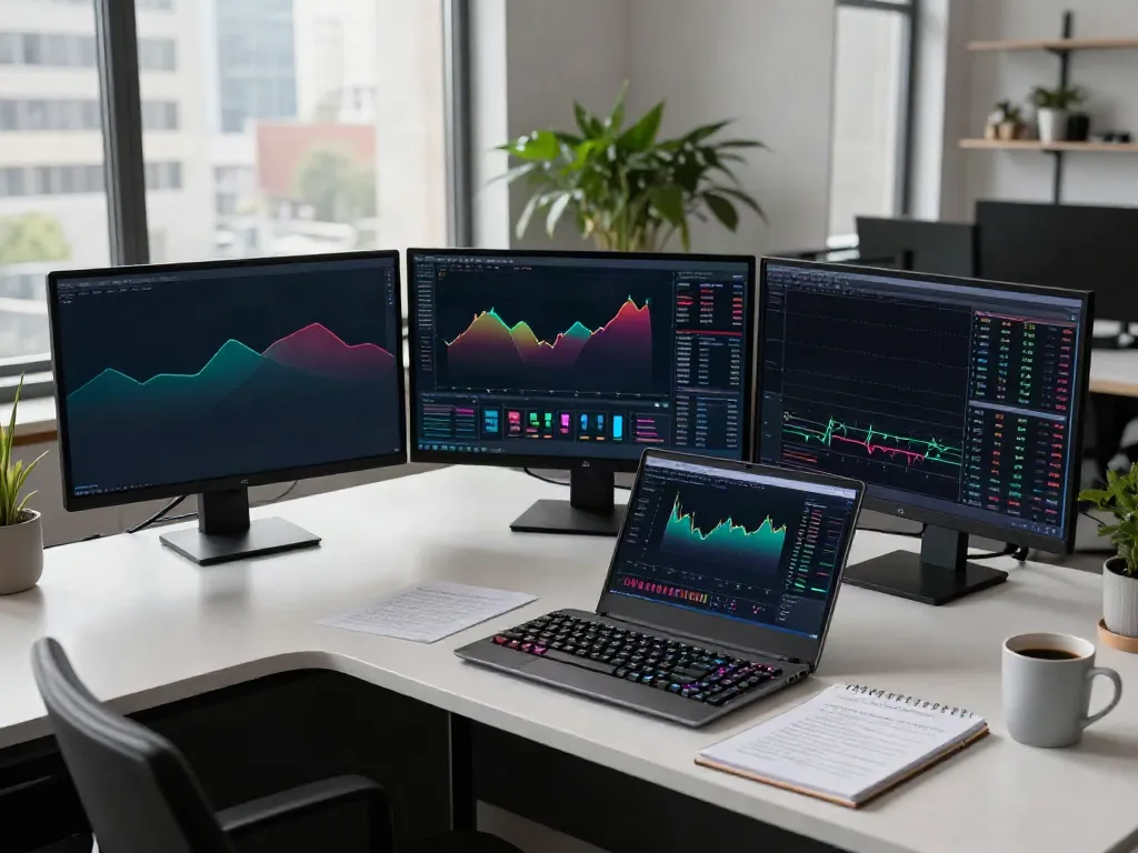 Real-time forex API analysis with major currency pairs displayed on multiple monitors in a professional cryptocurrency trading workspace.