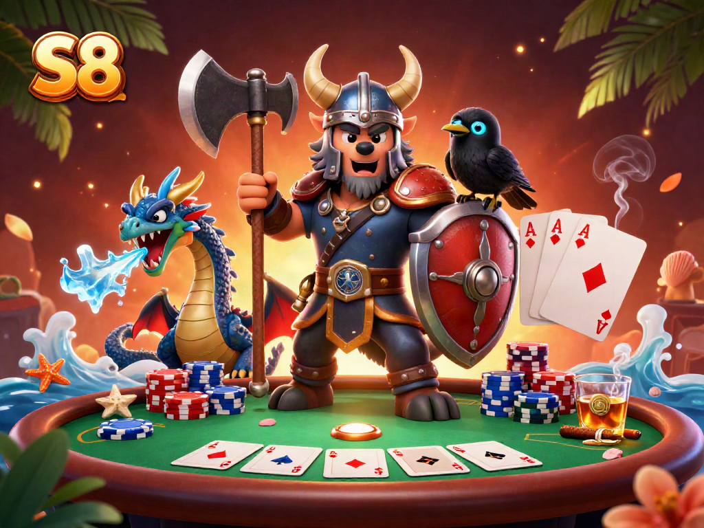 Experience thrilling poker action at S8 with dynamic characters, vibrant chips, and a captivating atmosphere.