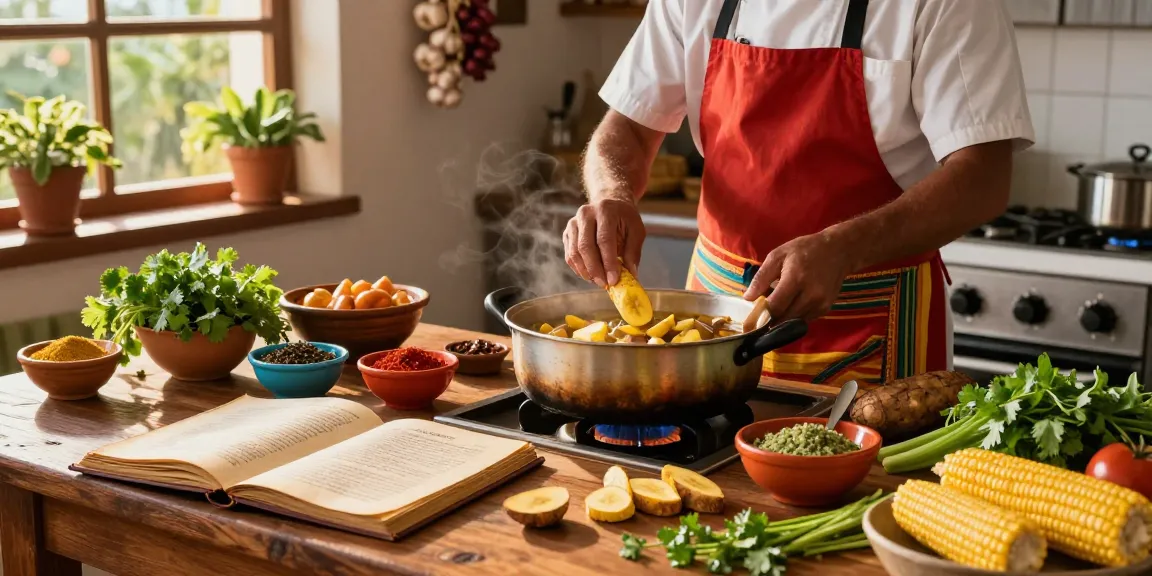 Chef preparing best sancocho colombiano near me with fresh ingredients in cozy kitchen.