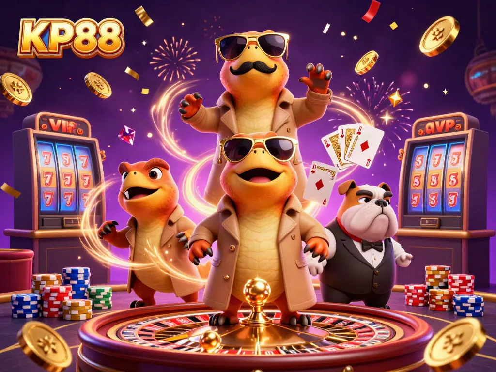 KP88 brings excitement with raptors entering a VIP casino, showcasing vibrant gaming elements.
