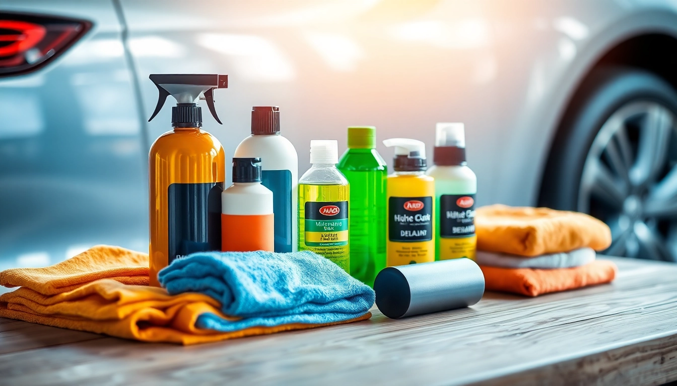 Showcasing the best products for car detailing beautifully arranged on a workbench with vibrant lighting.