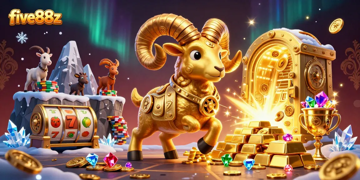 Experience the excitement of five88z casino featuring a golden ram charging through treasures and slot elements.