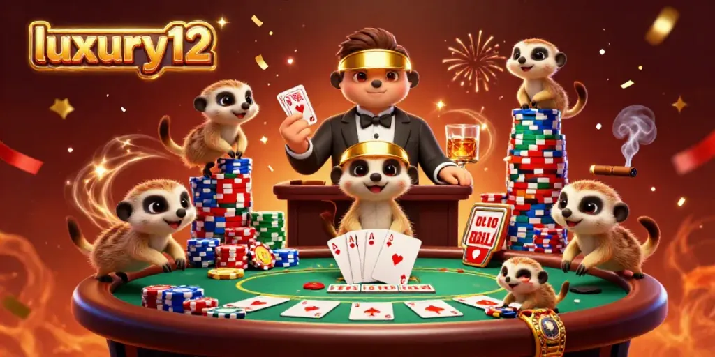Engaging scene of meerkats managing a luxury12 casino, showcasing cards, chips, and vibrant confetti