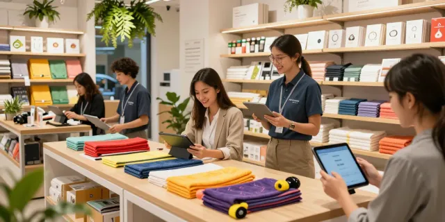 Shopsmart vibrant shopping experience showcasing eco-friendly speed bumps and personalized towels.