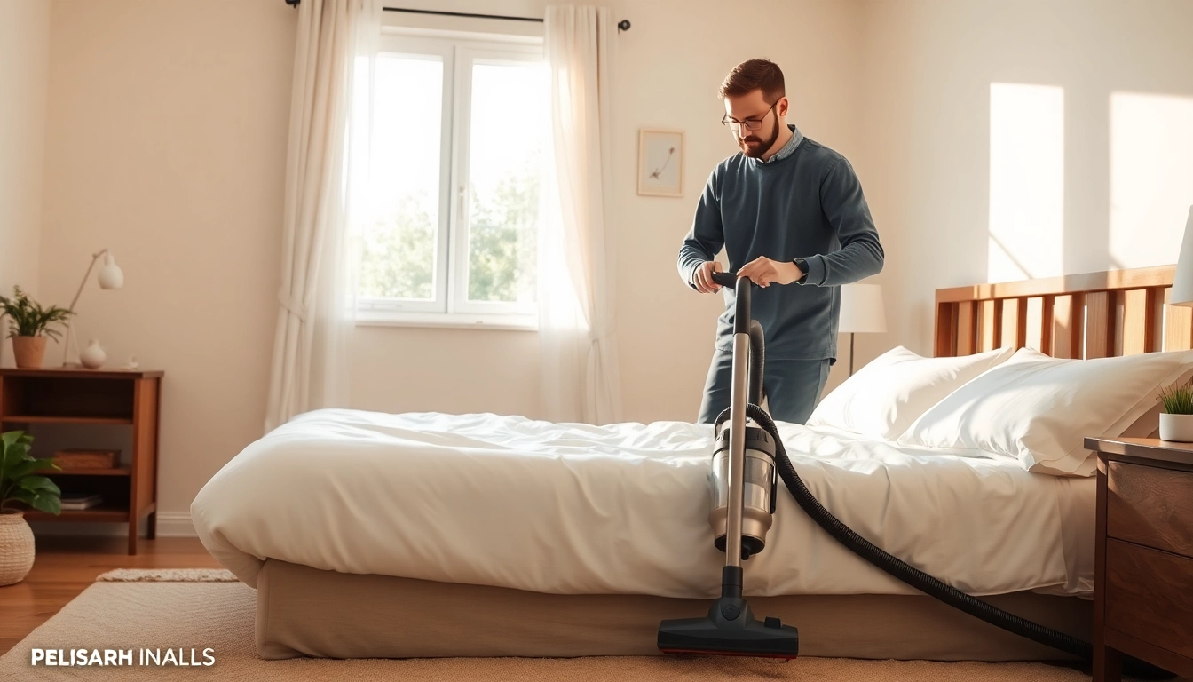 Engaging bed bug treatment illustration showcasing a professional applying eco-friendly solutions.