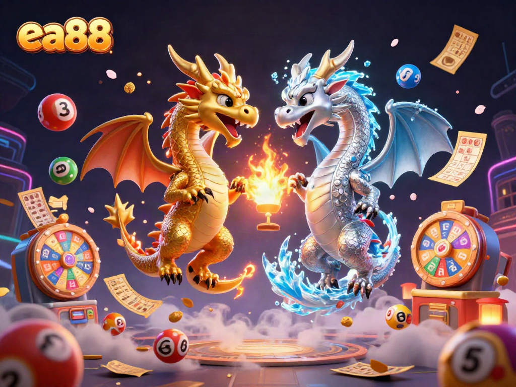 Trò chơi cùng ea88 với hai con rồng 3D mang màu sắc khác nhau đang bay, hòa quyện với những trái banh xổ số đầy màu sắc.