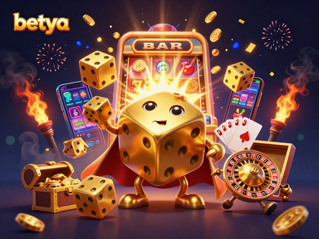Experience the thrill of slots with betya's lively jackpot scene featuring golden dice and vibrant symbols.