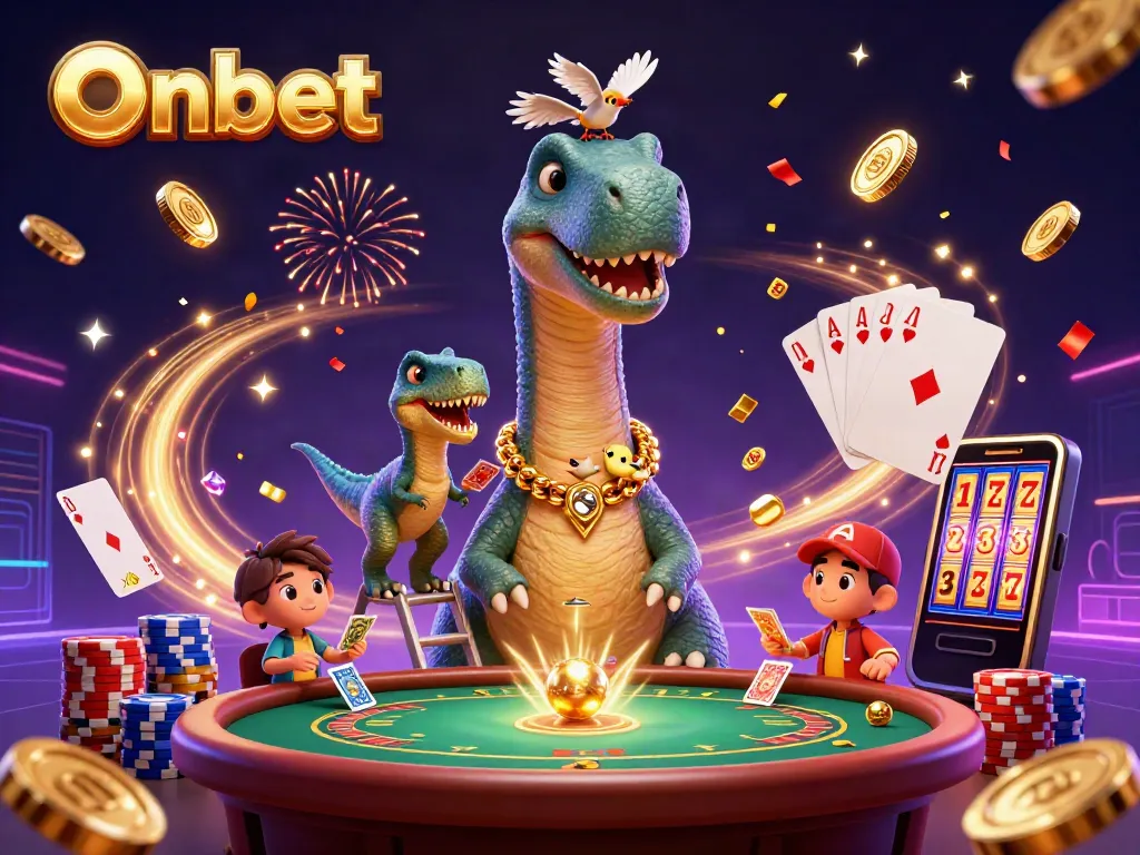 Join the Onbet fun with a towering brontosaurus in a vibrant casino scene, rich in poker and winning elements.