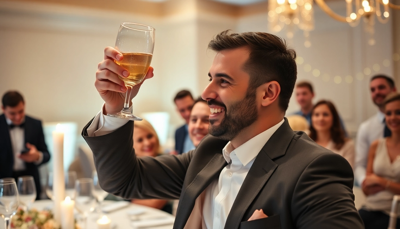 Giving a toast at a celebration, capturing a gentleman raising his glass among happy guests.
