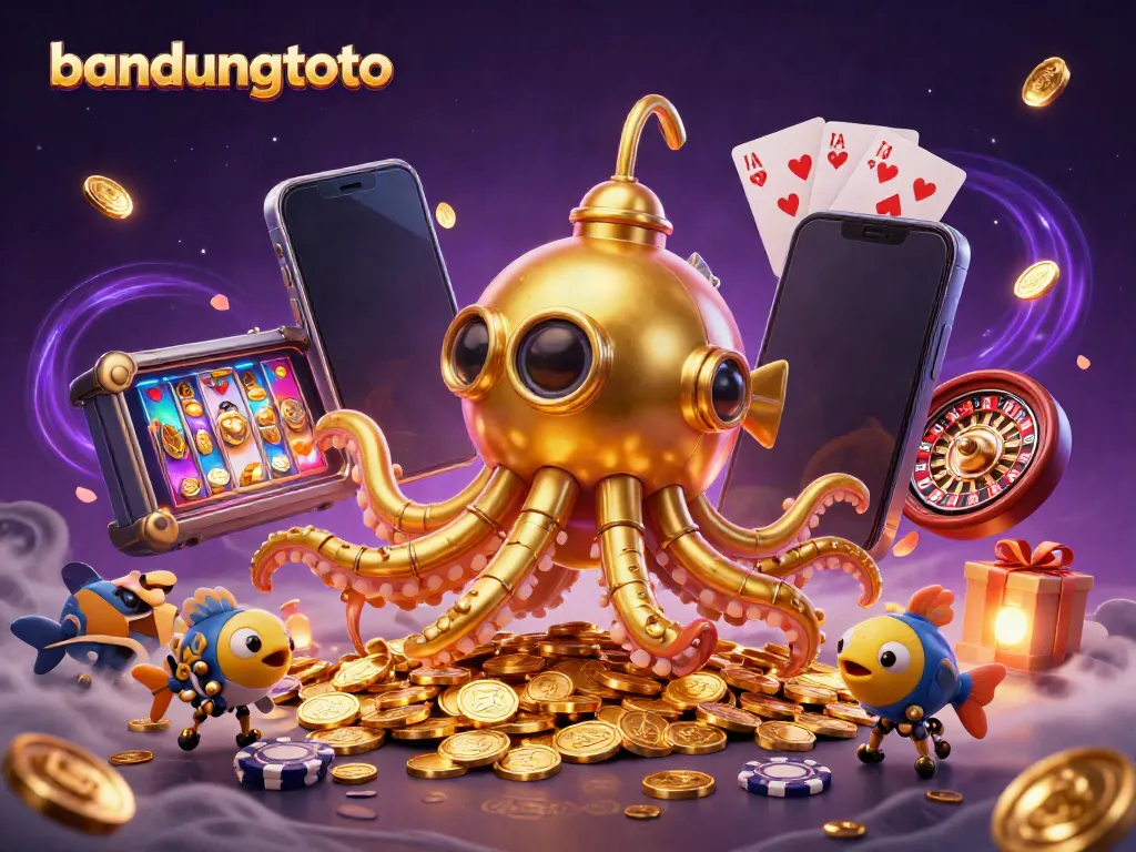 Experience bandungtoto with a vibrant 3D illustration showcasing iconic gaming elements and gold coins.