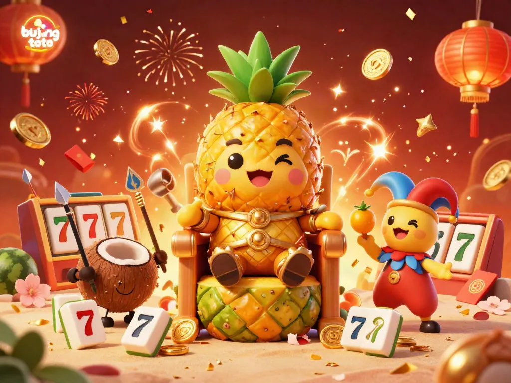 Bujang toto depicts a vibrant beach casino scene with a golden pineapple king and lively elements for gamblers.