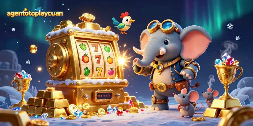 Spin the golden slot machine with agentotoplaycuan and win dazzling gems in this steampunk casino scene.