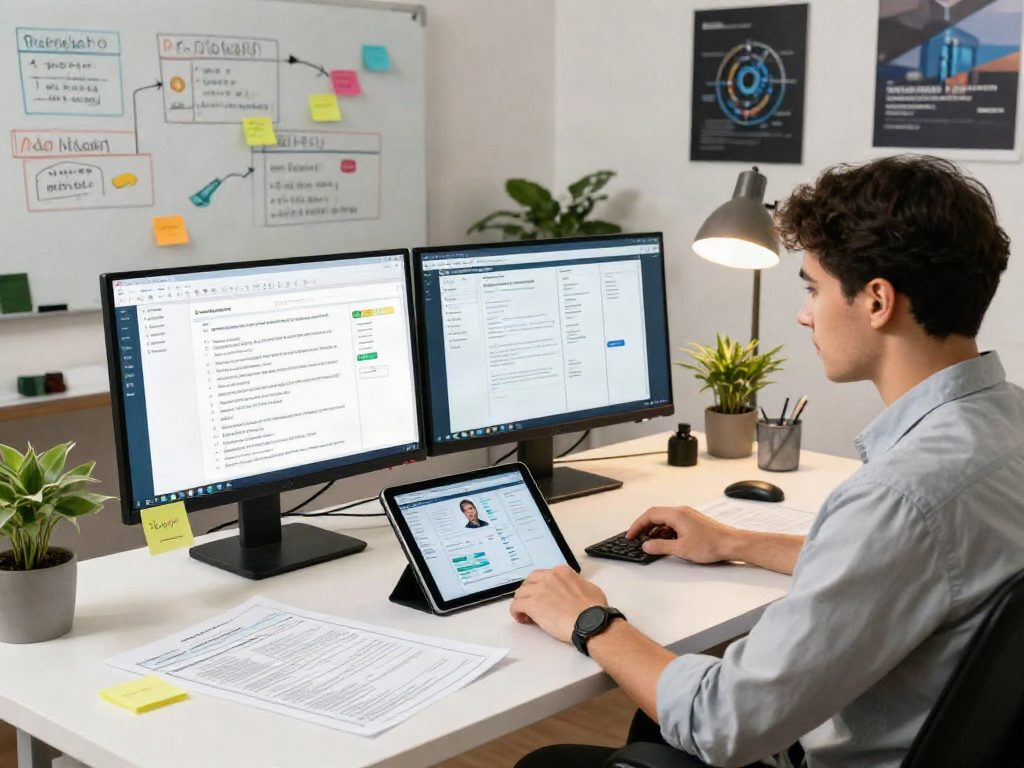 Dynamic workspace showcasing a document fraud detection solution with data analytics displays and collaborative elements.