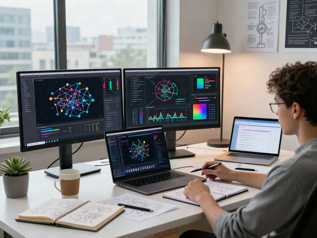 AI Detector analysis in a modern tech workspace with multiple monitors displaying AI algorithms.