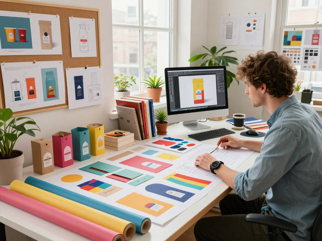 Desainer sedang menciptakan prototipe kemasan di studio desain yang kreatif dan inovatif.