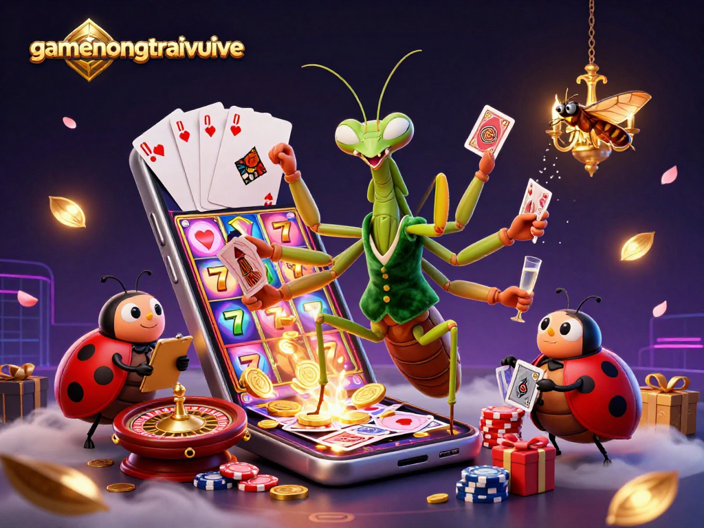 Experience gamenongtraivuive with a vibrant illustration of a giant praying mantis card sharp and festive casino elements.