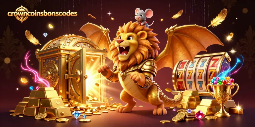 Crowncoinsbonuscodes triumphant chimera creature amidst gold and slot reels illustrating a grand casino scene