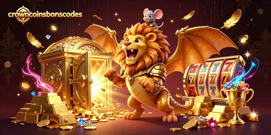 Crowncoinsbonuscodes triumphant chimera creature amidst gold and slot reels illustrating a grand casino scene
