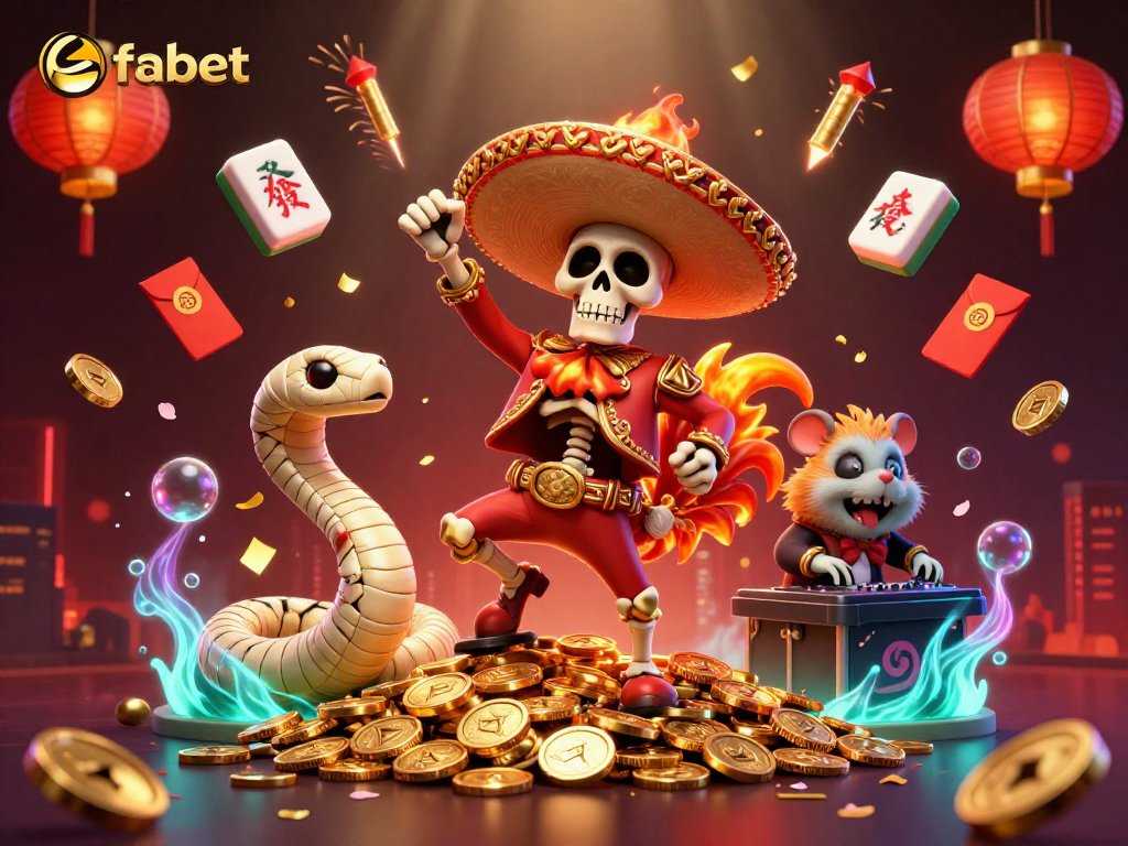 Fabet's vibrant casino scene features a jubilant mariachi rooster dancing on coins.