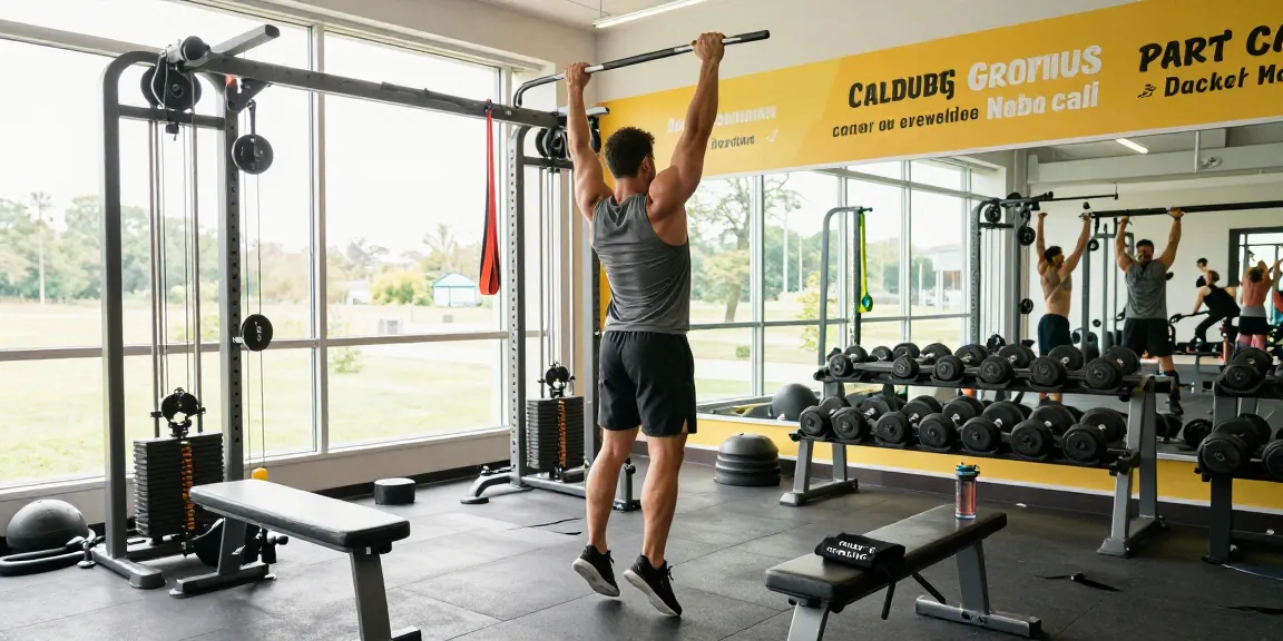 Astera Shop promotional fitness scene featuring an athlete performing pull-ups in a vibrant gym.